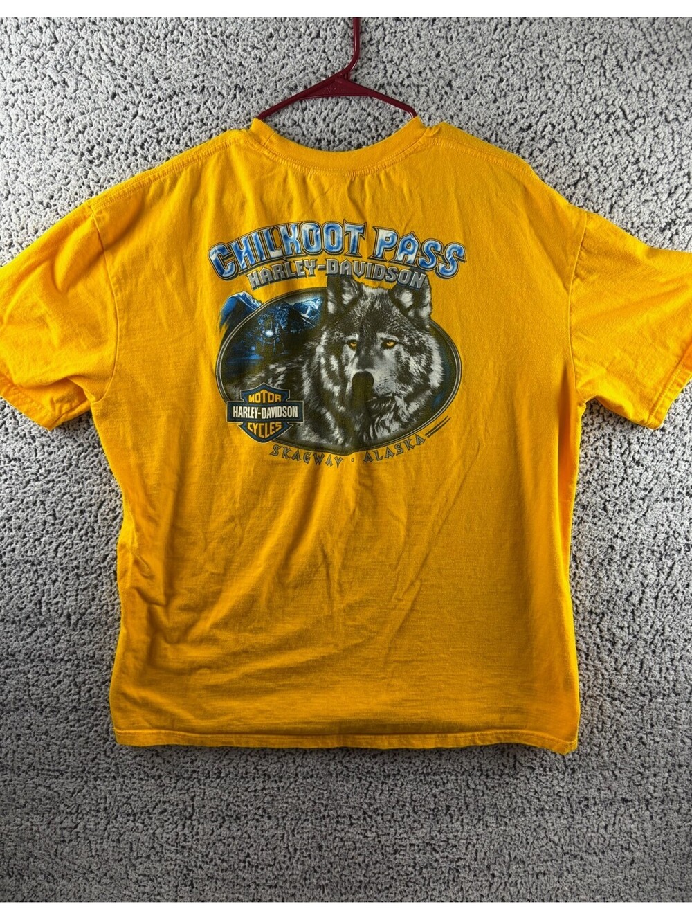 Harley Davidson ChilKoot Pass Alaska Wolf T Shirt Men XL Yellow Skagway
